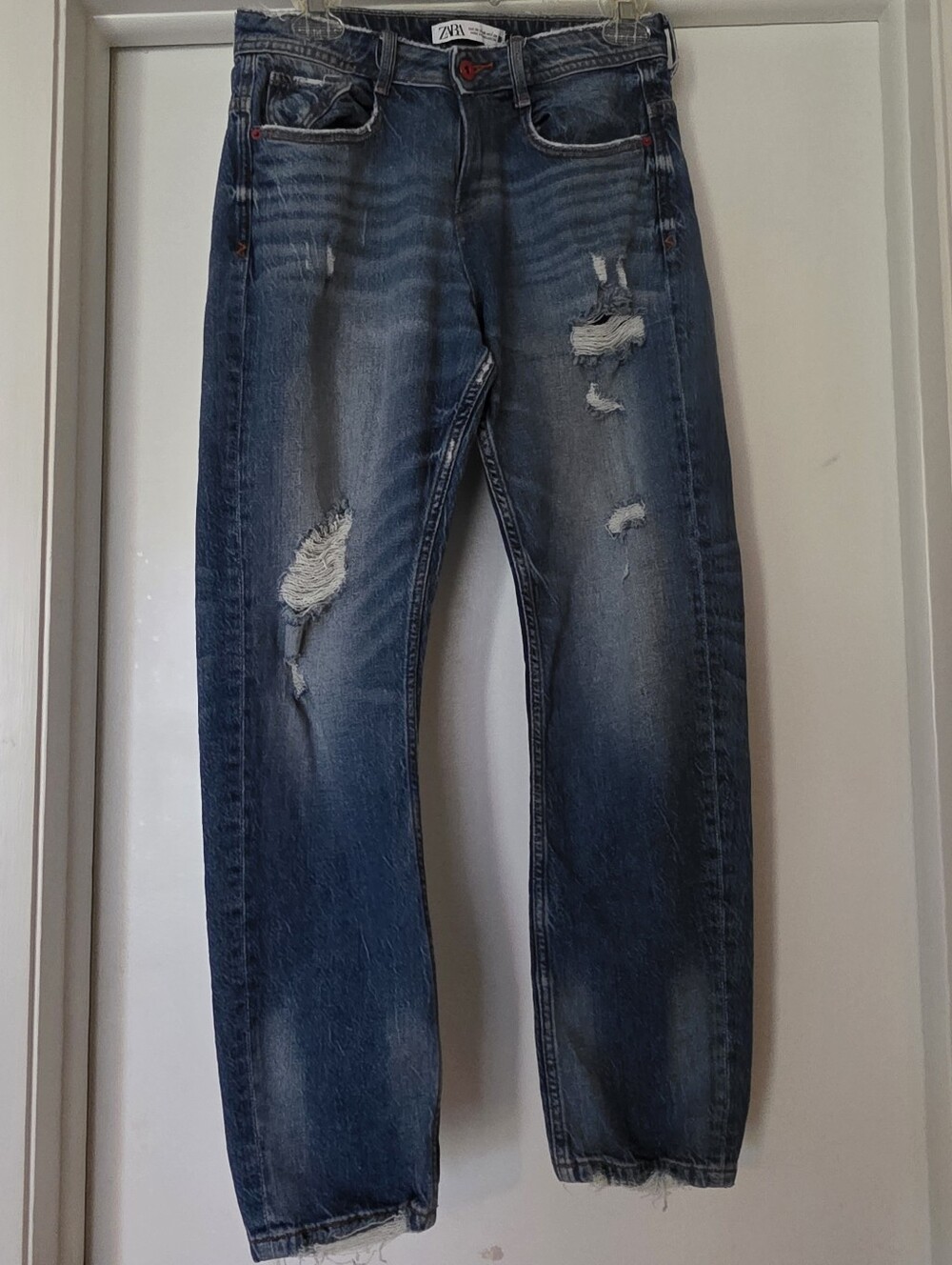 Zara Slim Straight Distressed Blue Jeans